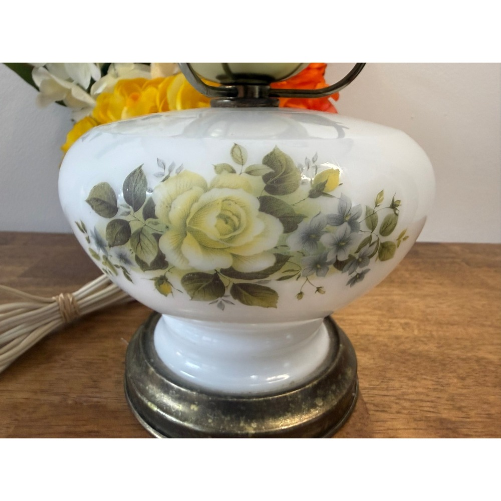 Vintage Milk Glass Floral Hurricane Table Lamp Yellow Roses Electric Light‎ Farm - Picture 4 of 9